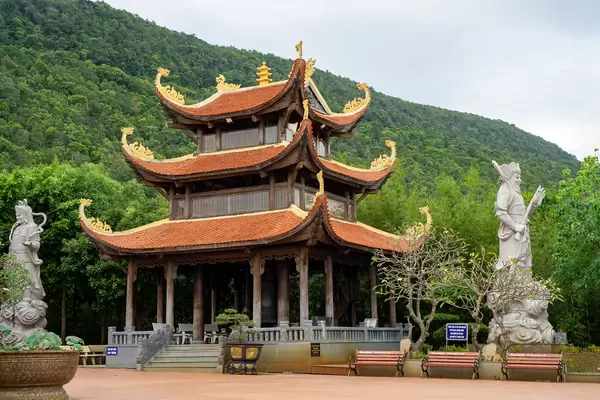 Buddhist Temple Building with Large Warrior Statues on a Mountain at Truc Lam Ho Quco Zen Monastery on Phu Quoc Island, Vietnam