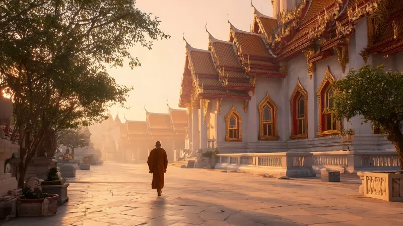 Buddhistischer Mönch im historischen Thai Tempel