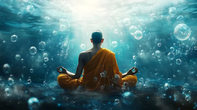 Buddhistischer Mönch in meditativer Unterwasser-Szene
