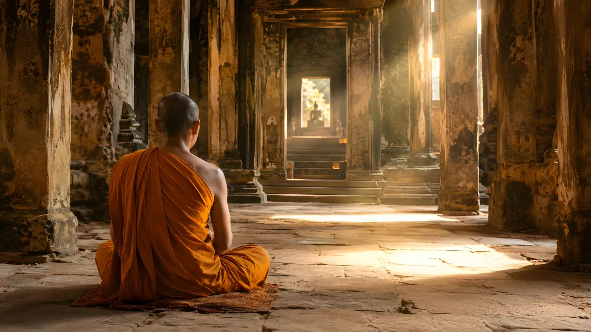 Buddhistischer Mönch meditiert in altem Steintempel