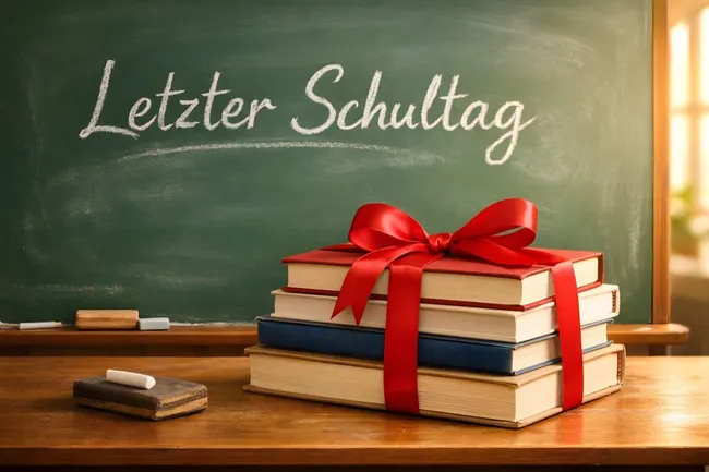 Bücher und Schultafel - Letzte Schultag