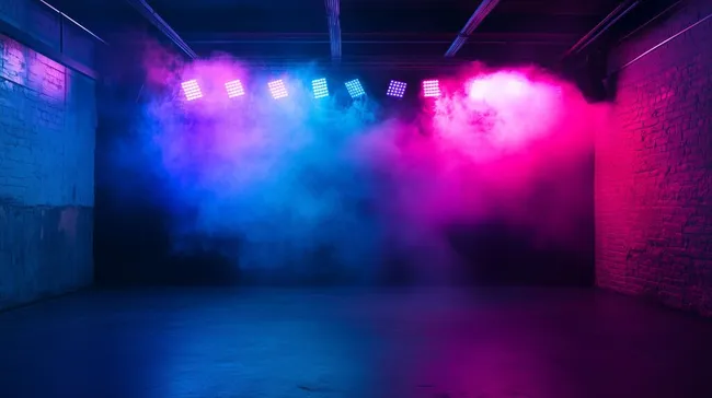 Bühne in Dunkelheit mit blau-lila Beleuchtung