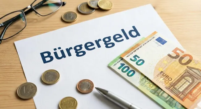 Bürgergeld-Dokument und Geldscheine auf Holztisch