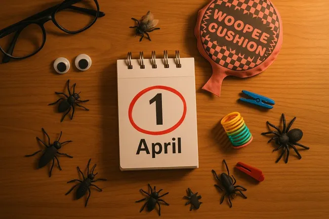 Büroaccessoires und Kalenderbild zum 1. April