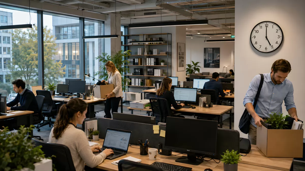 Büroalltag mit Mitarbeitern beim Einpacken ihrer Sachen