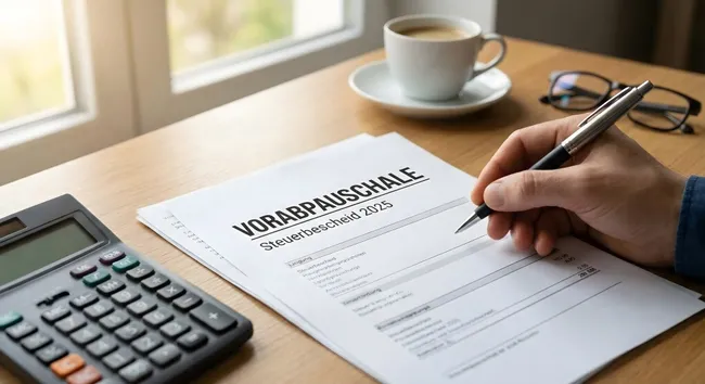 Büroarbeit mit Steuerformular und Tasse Kaffee