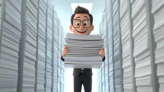 Büroarbeiter mit Dokumenten-Stapel in Aktenregalen