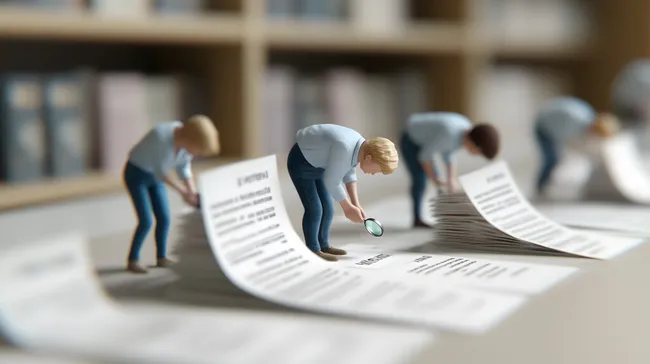 Büroarbeiter prüfen Dokumente mit Lupe