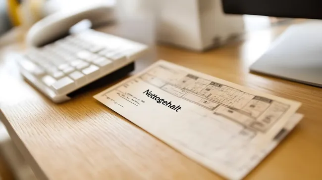 Büroarbeitsplatz mit Gehaltsausweis auf Schreibtisch