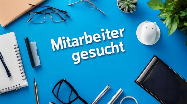 Büroarbeitsplatz mit 'Mitarbeiter gesucht'-Schriftzug