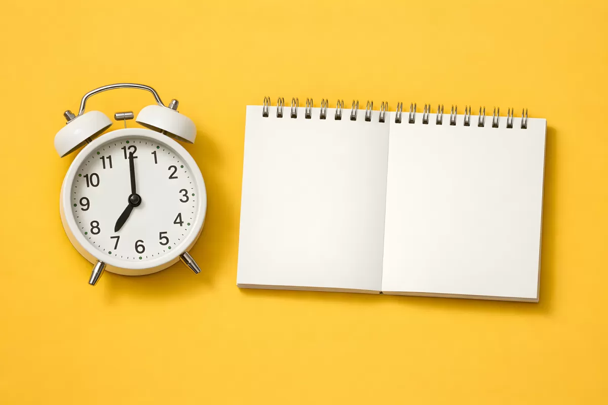 Büroarbeitsplatz mit Wecker und leerem Notizbuch