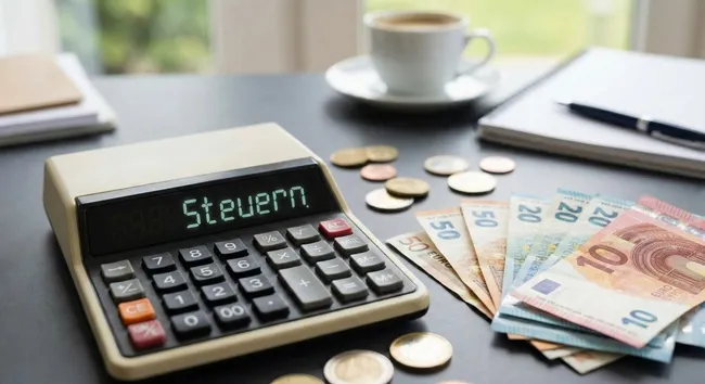 Büroausstattung mit Taschenrechner, Bargeld und Kaffee