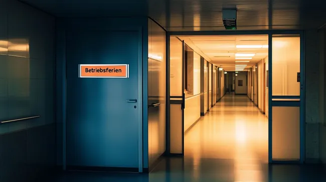 Büroflur mit Betriebsferien-Schild an Tür kostenlos herunterladen