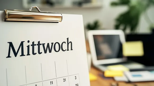 Bürokalender für den Mittwoch mit Laptop und Notizzetteln