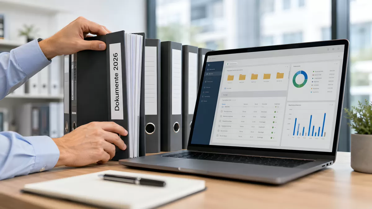Büroorganisation mit Aktenordnern und Laptop-Dashboard