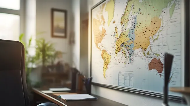 Büroraum mit großer Weltkarte an Wand