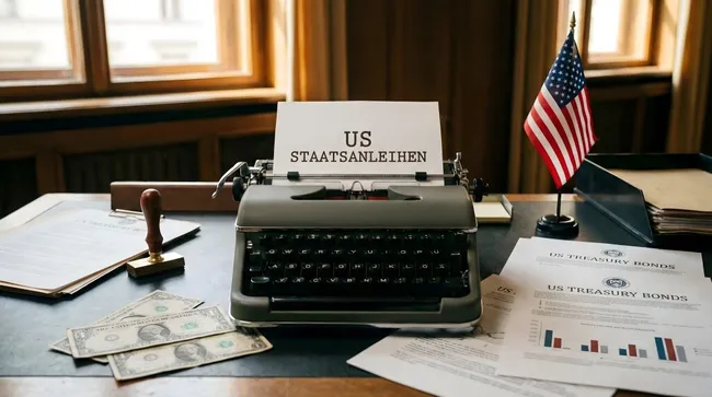 Bürotisch mit US-Staatsanleihen und Schreibmaschine