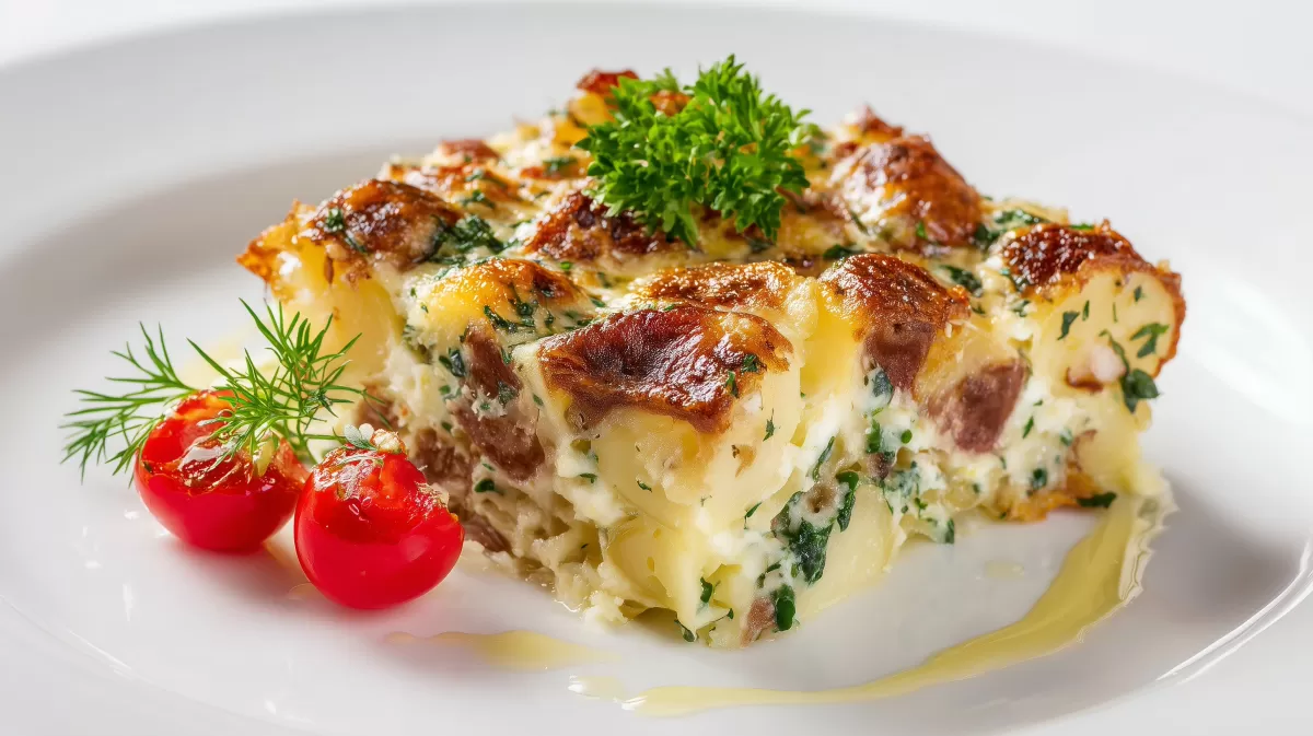 Buletten Kartoffel Auflauf mit Kräutern serviert