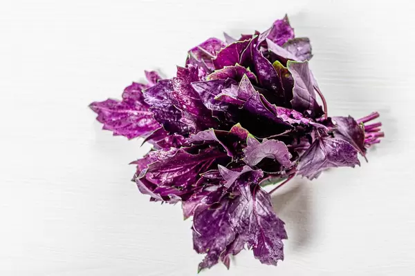 Bunch of fresh purple Basil on white background. Top view (Flip 2019)