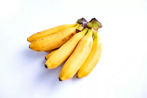Bunch of ripe baby bananas on white background