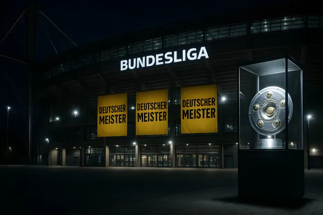 Bundesliga-Meisterpokal bei Nacht vor beleuchteter Stadionfront