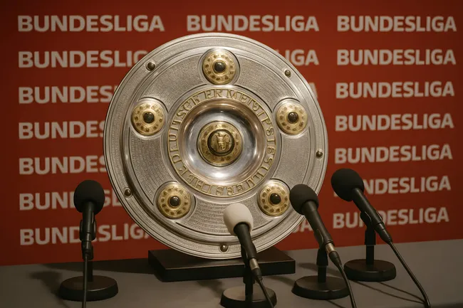 Bundesliga-Meisterschale und Pressekonferenz-Kulisse