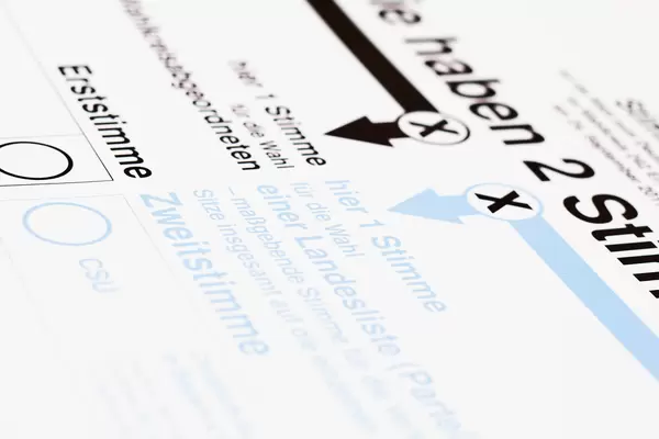 Bundestagswahl in Deutschland: Nahaufnahme des Wahlzettels mit Erststimme und Zweitstimme