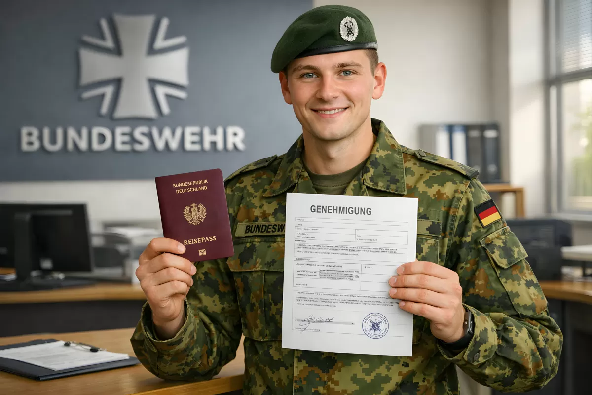 Bundeswehr-Soldat mit Reisepass und Genehmigungsformular bei Ausreise