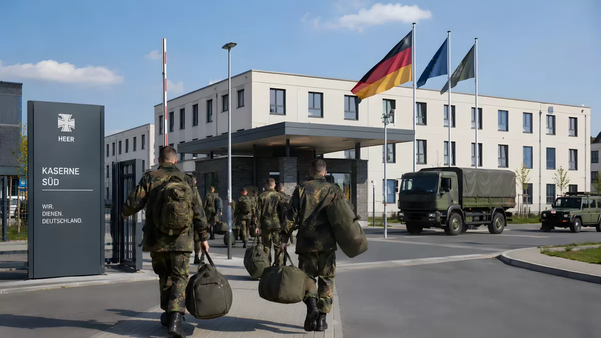 Bundeswehr-Soldaten betreten Kaserne Süd mit Gepäck