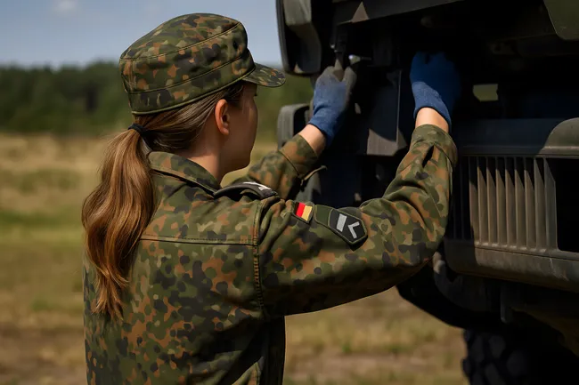 Bundeswehr-Soldatin wartet militärisches Fahrzeug auf