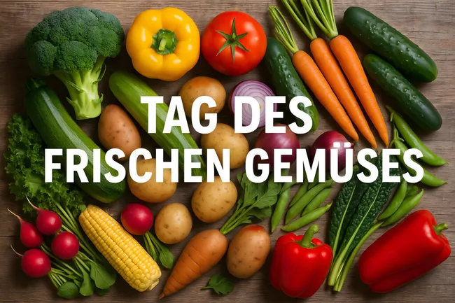 Bunt arrangiertes Gemüsearrangement auf Holztisch