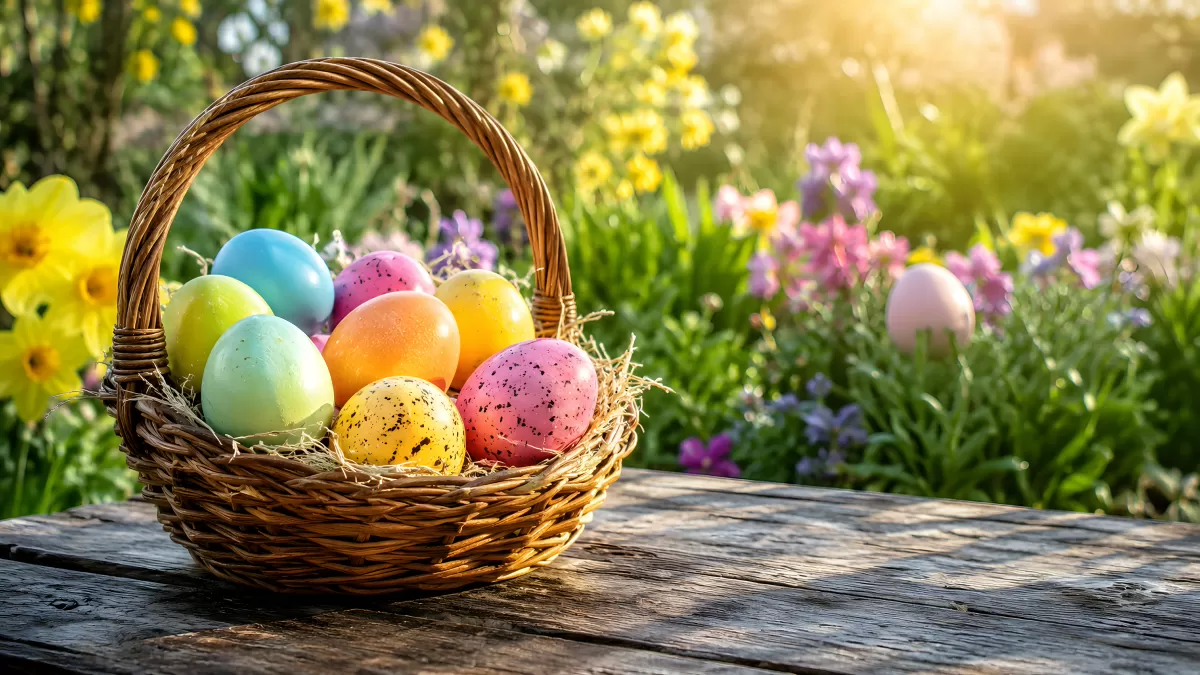 Bunt bemalte Ostereier im Weidenkorb im Frühlingsgarten