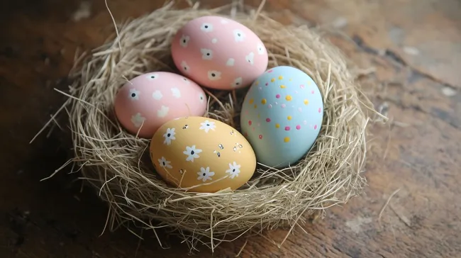 Bunt bemalte Ostereier in rustikalem Nest