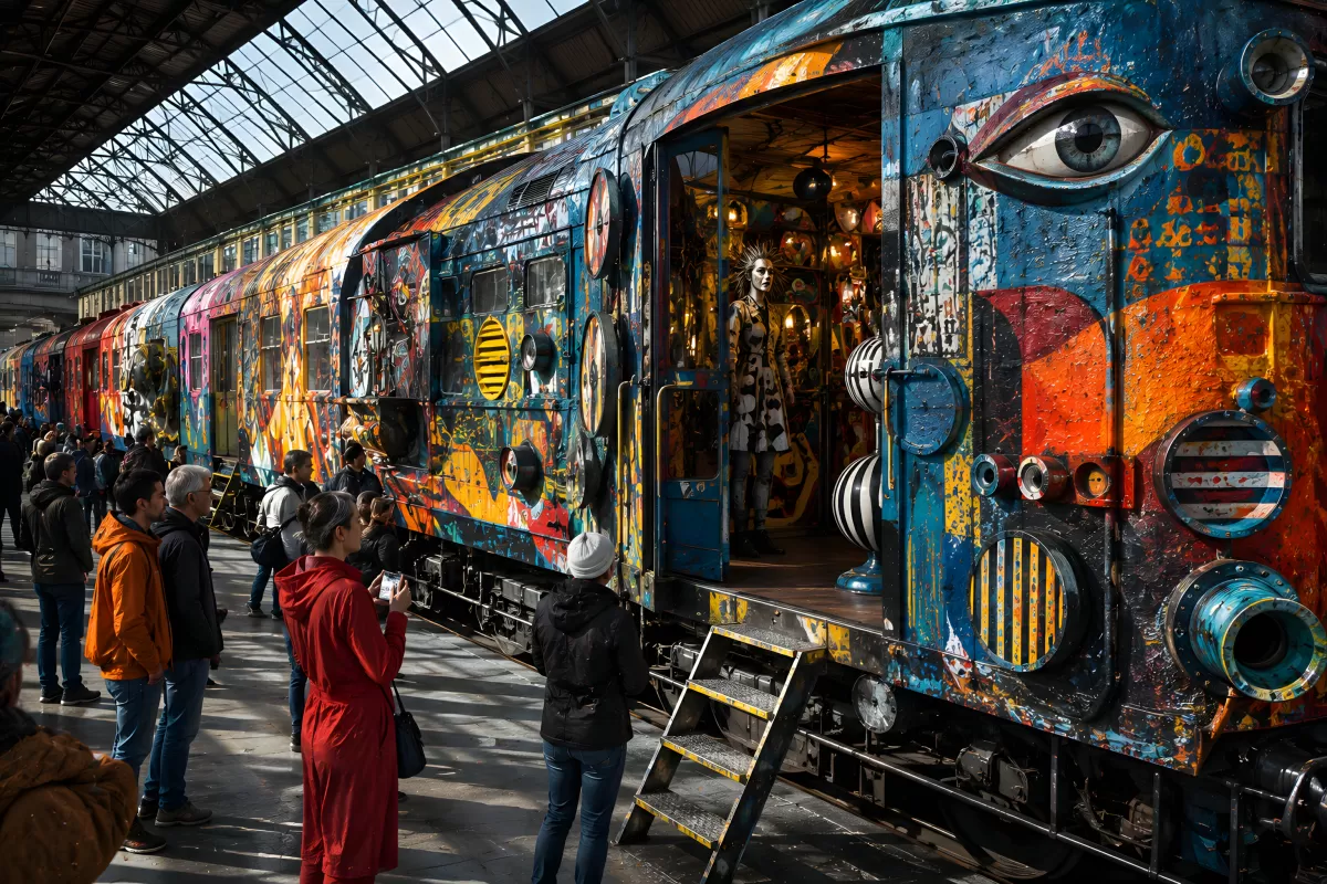 Bunt bemalter Kunstzug auf belebtem Bahnsteig