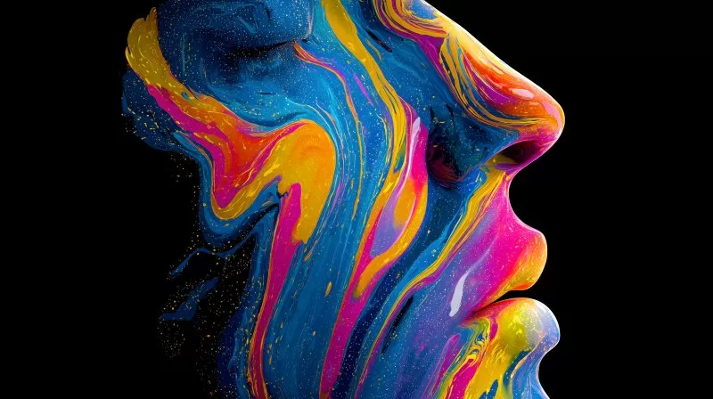 Bunt bemaltes Gesicht im Profil mit blauer Grundfarbe und Farbverlauf