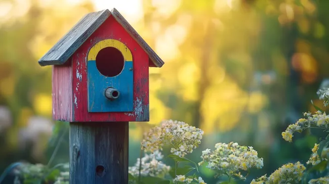 Bunt bemaltes Vogelhaus im Garten bei Sonnenuntergang