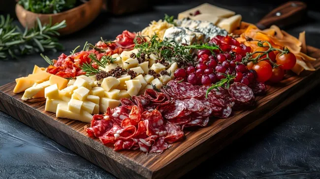 Bunt dekorierte Käseplatte mit Beeren und Kräutern