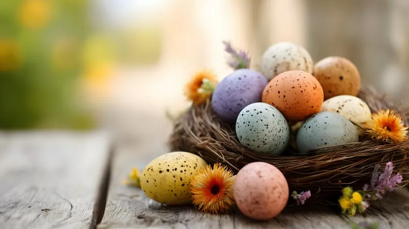 Bunt gefärbte Ostereier im Nest mit Frühlingsblumen