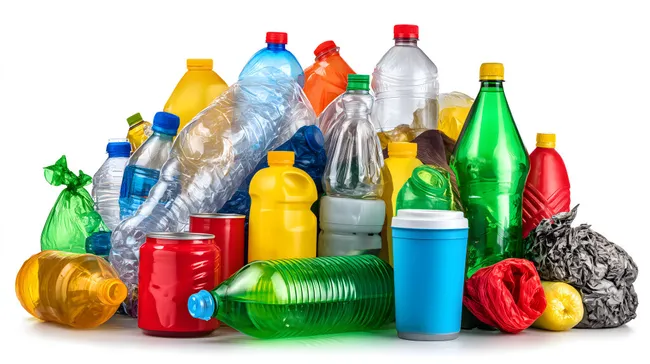 Bunt sortierter Plastikabfall auf weißem Hintergrund