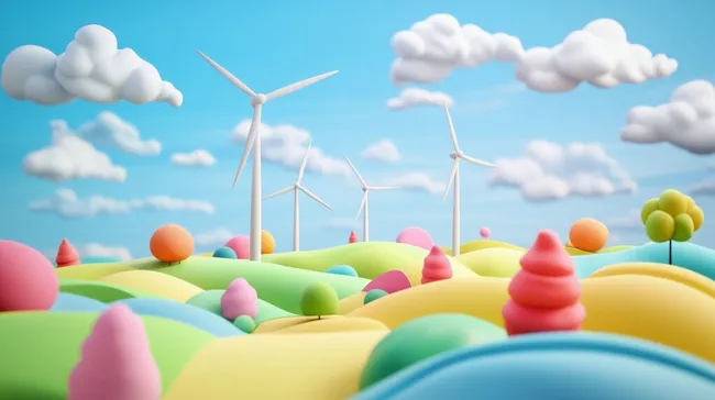 Bunte 3D-Cartoon-Landschaft mit Windkraftanlagen