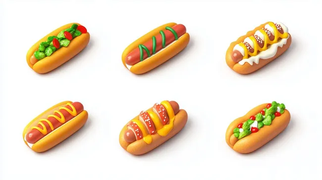 Bunte 3D-Hotdog-Symbole für moderne Fastfood-Kunst