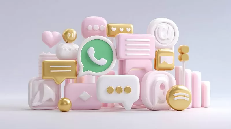 Bunte 3D Social Media Icons in rosa und gold auf Weiß
