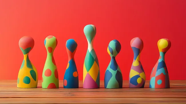 Bunte, abstrakte Holzfiguren auf rotem Hintergrund