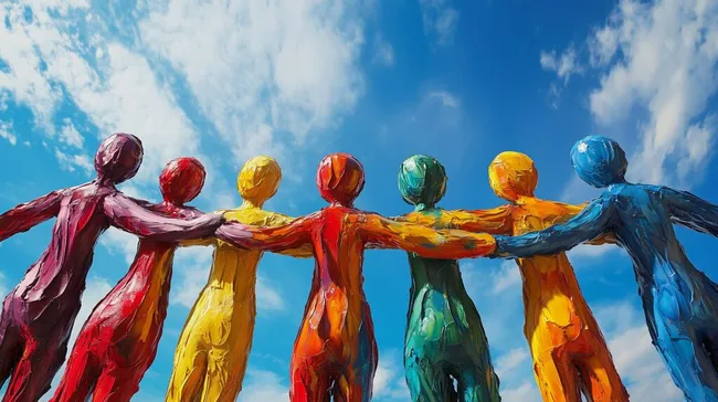 Bunte, abstrakte Menschengruppe in kreativer Umarmung