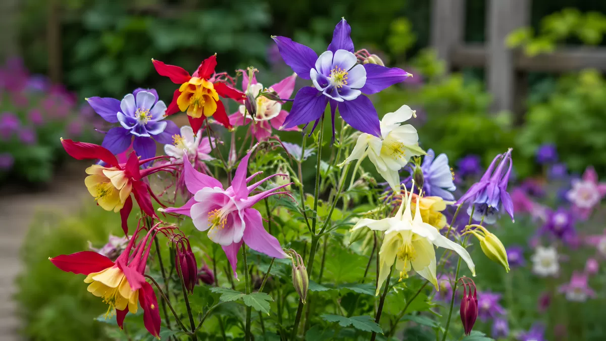 Bunte Akelei-Blüten in sommerlichem Gartenbeet