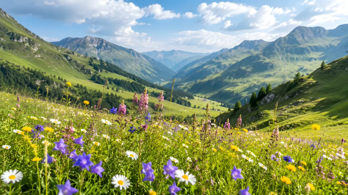 Bunte Almwiese mit Wildblumen vor Bergpanorama