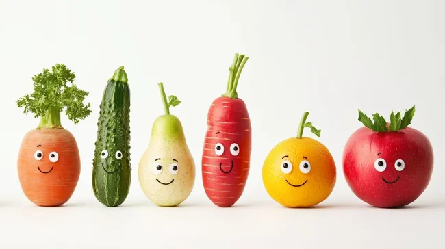 Bunte anthropomorphe Früchte und Gemüse mit lustigen Gesichtern