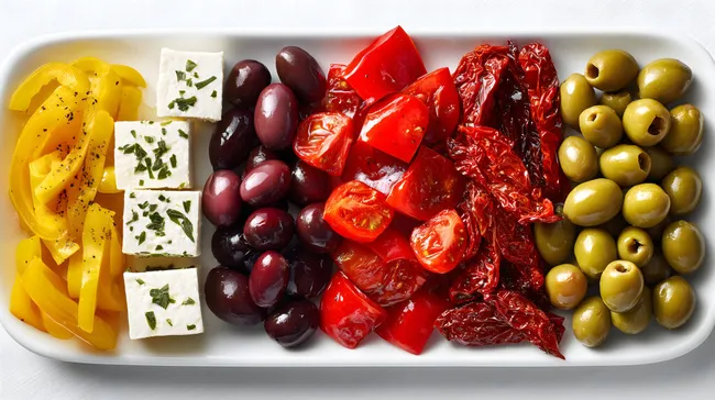 Bunte Antipasti-Platte mit mediterranen Delikatessen