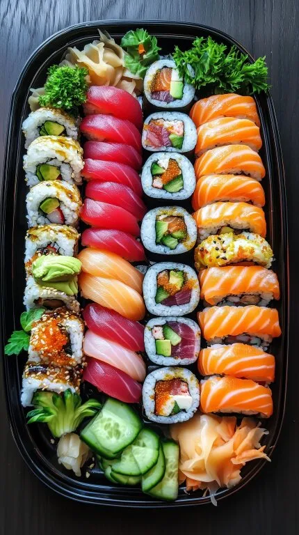 Bunte, appetitliche Sushi-Platte auf schwarzem Untergrund