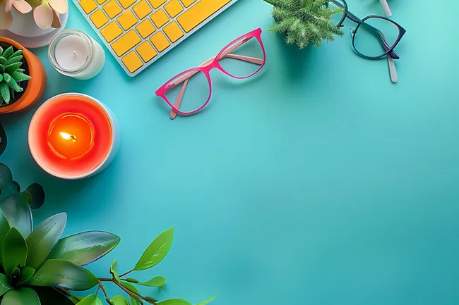 Bunte Arbeitsplatz-Komposition mit Keyboard und Pflanzen